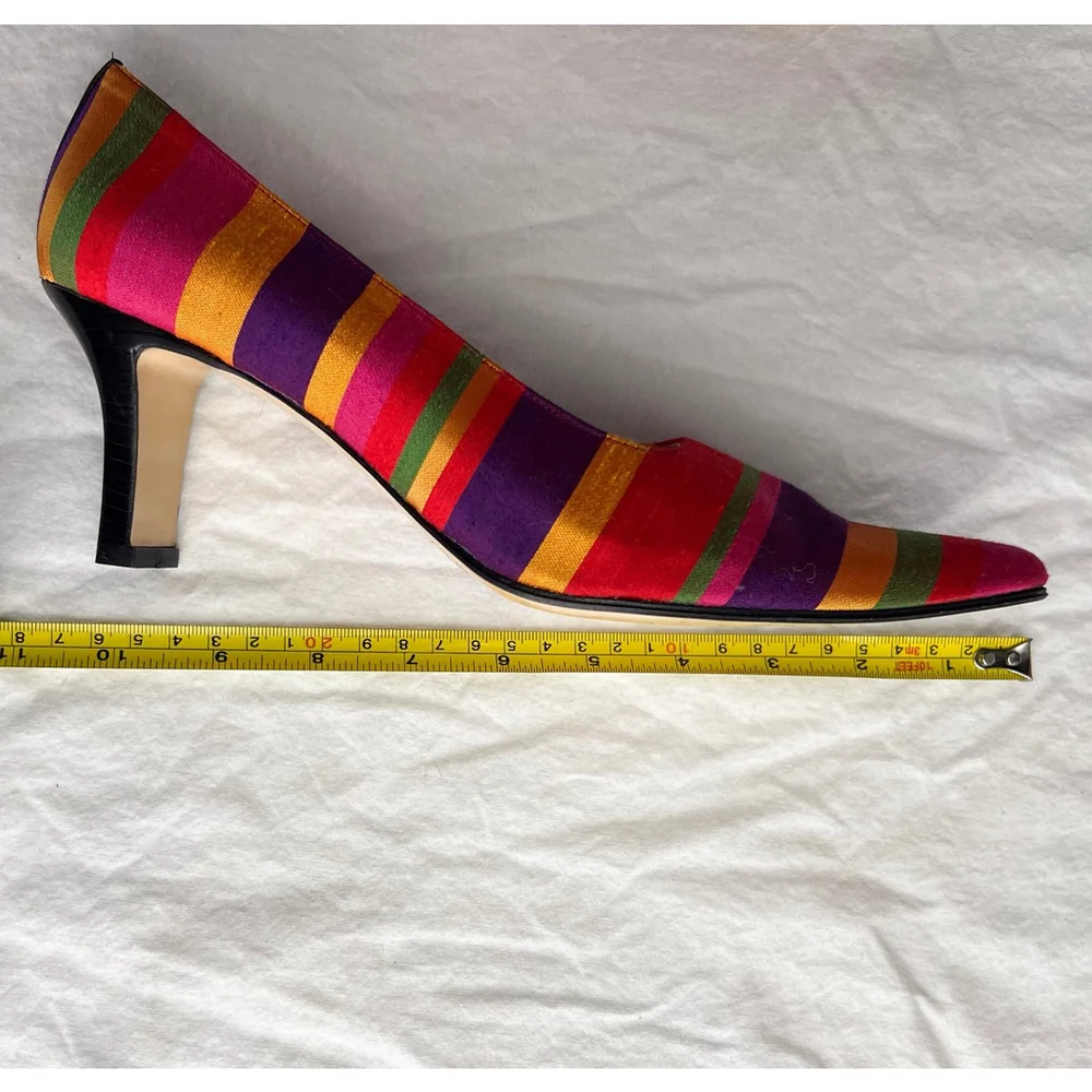 VTG Rangoni Firenze Italian Leather Silk Pumps Rainbow Striped Sz 8 AAA